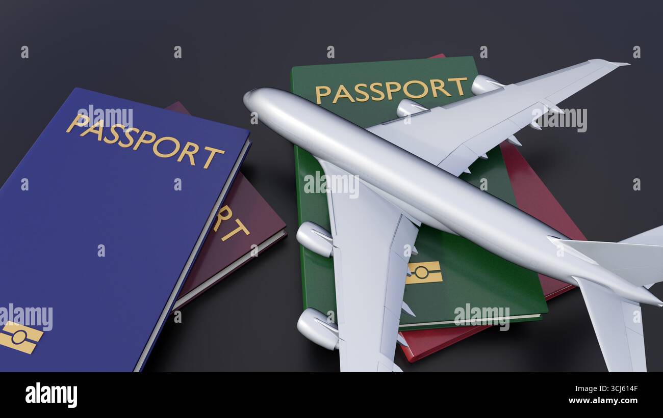 3D-Rendering von kleinen Passagierflugzeugen und verschiedenfarbigen Pässen, die einfache Objekte verwenden, um das Thema des internationalen Reisens zu vermitteln. Stockfoto