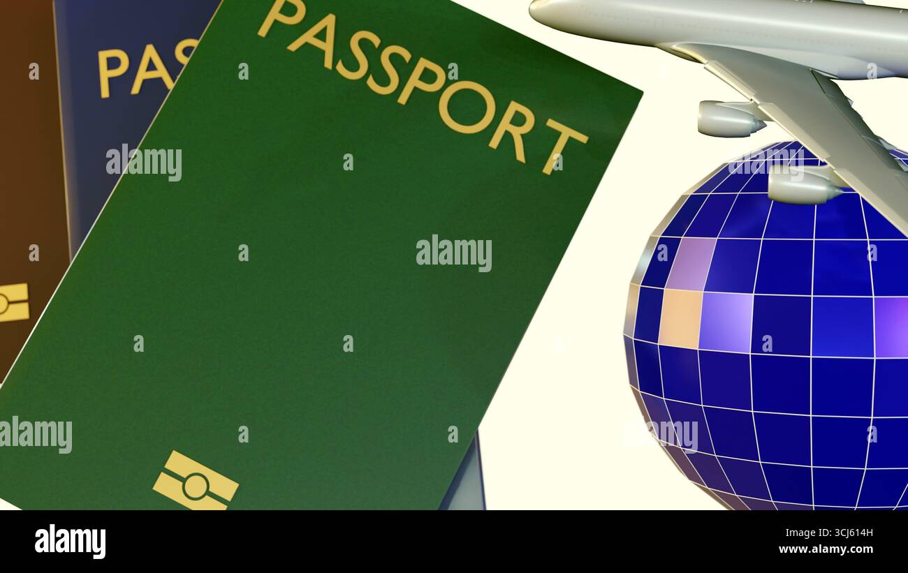 3D-Rendering von kleinen Passagierflugzeugen und verschiedenfarbigen Pässen, die einfache Objekte verwenden, um das Thema des internationalen Reisens zu vermitteln. Stockfoto