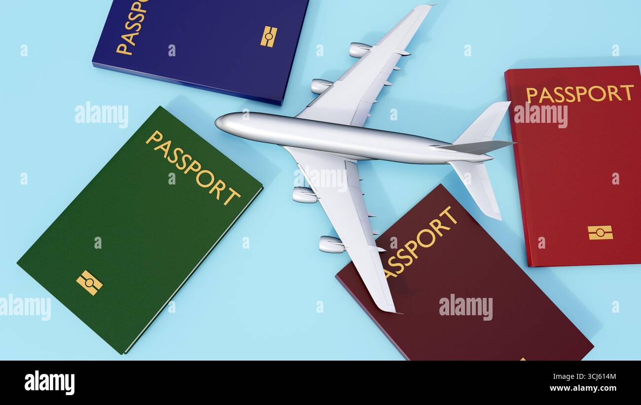 3D-Rendering von kleinen Passagierflugzeugen und verschiedenfarbigen Pässen, die einfache Objekte verwenden, um das Thema des internationalen Reisens zu vermitteln. Stockfoto