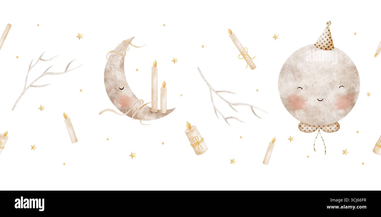 Nahtloser Mond in Partyhut, Sichel mit Kerzen. Aquarellillustration handgezeichnet im kindlichen halloween-Stil, Banner isoliert auf Stockfoto