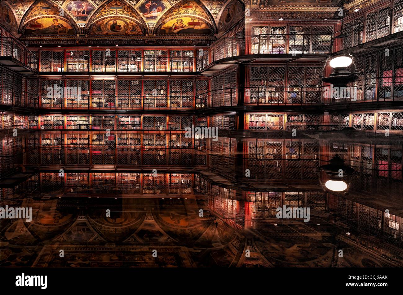 NYC Morgan East Room – der East Room wurde als Schatzkammer für Pierpont Morgans bemerkenswerte Sammlung seltener gedruckter Bücher entworfen. Stockfoto