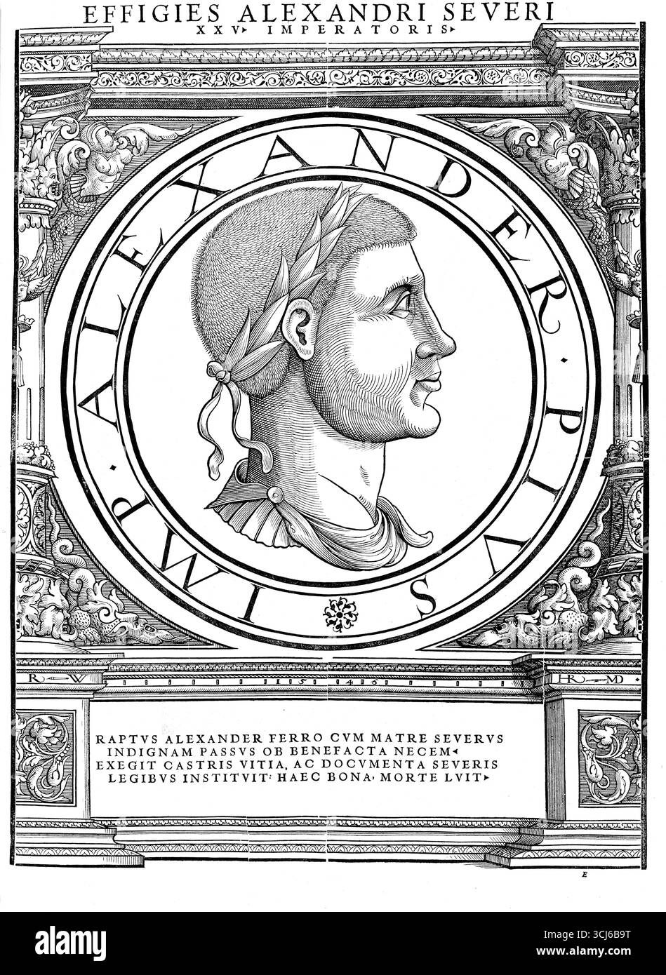 Severus Alexander (* 1. Oktober 208 in Arca Cäsarea, Arqa im heutigen Libanon, gestorben im März 235 bei Mogontiacum) war römischer Kaiser vom 13. März 222 bis zu seinem Tod. Sein ursprünglicher Name war Bassianus Alexianus. Ab Juni 221 nannte er sich Marcus Aurelius Alexander; als Kaiser trug er den Namen Marcus Aurellius Severus Alexander. Authentische, digital restaurierte Reproduktion eines Originals aus dem 19. Jahrhundert. Datum nicht angegeben.“ Stockfoto