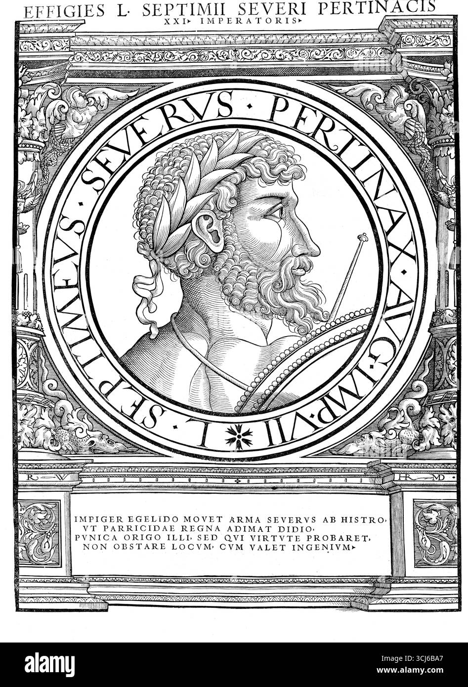Lucius Septimius Severus Pertinax (* 11. April 146 in Leptis Magna im heutigen Libyen, gestorben am 4. Februar 211 in Eboracum, heute York) war römischer Kaiser vom 9. April 193 bis 4. Februar 211, authentische, digital restaurierte Reproduktion eines Originals aus dem 19. Jahrhundert, Rekorddatum nicht angegeben Stockfoto