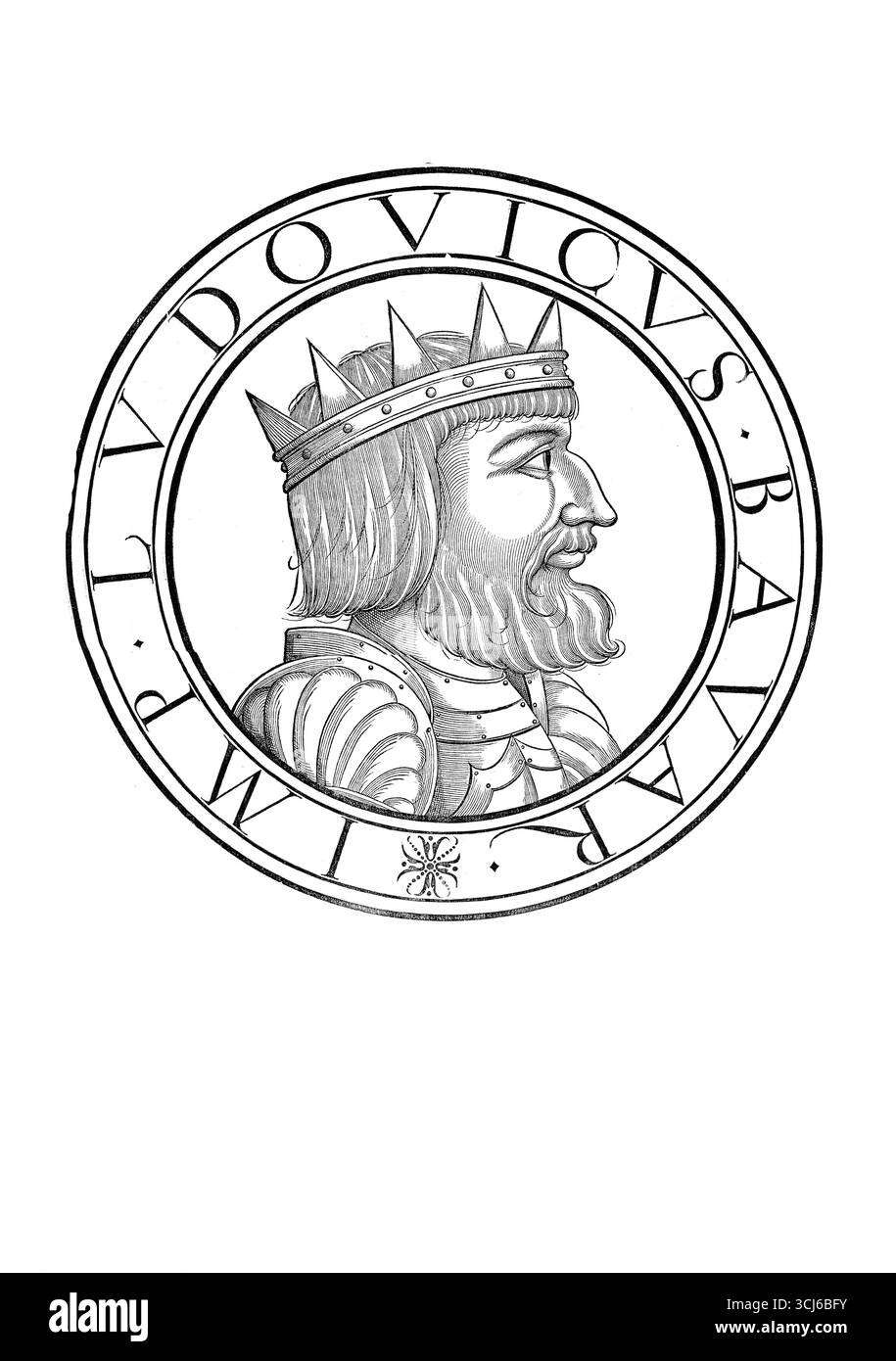 Ludwig IV., Ludwig der Bayerische, Ludovicus Bavarus, (* 1282 oder 1286 in München, gestorben am 11. Oktober 1347 in Puch bei Fürstenfeldbruck) aus dem Haus Wittelsbach war römisch-deutscher König ab 1314 und Kaiser des Heiligen Römischen Reiches ab 1328, authentische, digital restaurierte Reproduktion aus einem Original des 19. Jahrhunderts, Rekorddatum nicht angegeben Stockfoto
