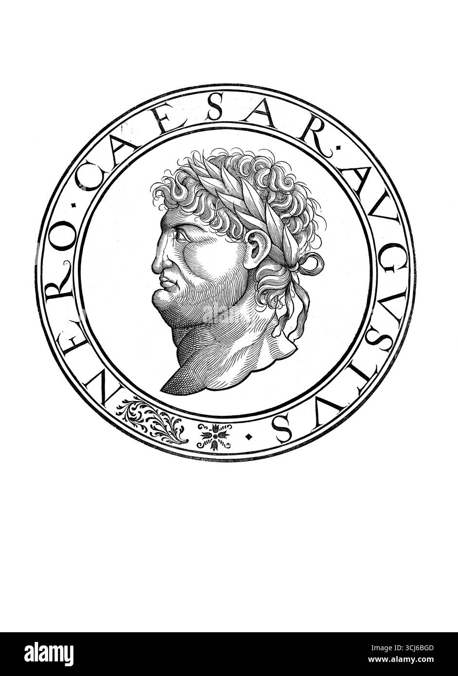 Nero Claudius Caesar Augustus Germanicus (* 15. Dezember 37 n. Chr. in Antium, gestorben am 9. Oder 11. Juni 68 n. Chr. bei Rom) war von 54 bis 68 n. Chr. Kaiser des Römischen Reiches. Er war der fünfte und letzte Kaiser der Julio-Claudianischen Dynastie. Authentische, digital restaurierte Reproduktion eines Originals aus dem 19. Jahrhundert. Das Datensatzdatum wurde nicht angegeben. Stockfoto