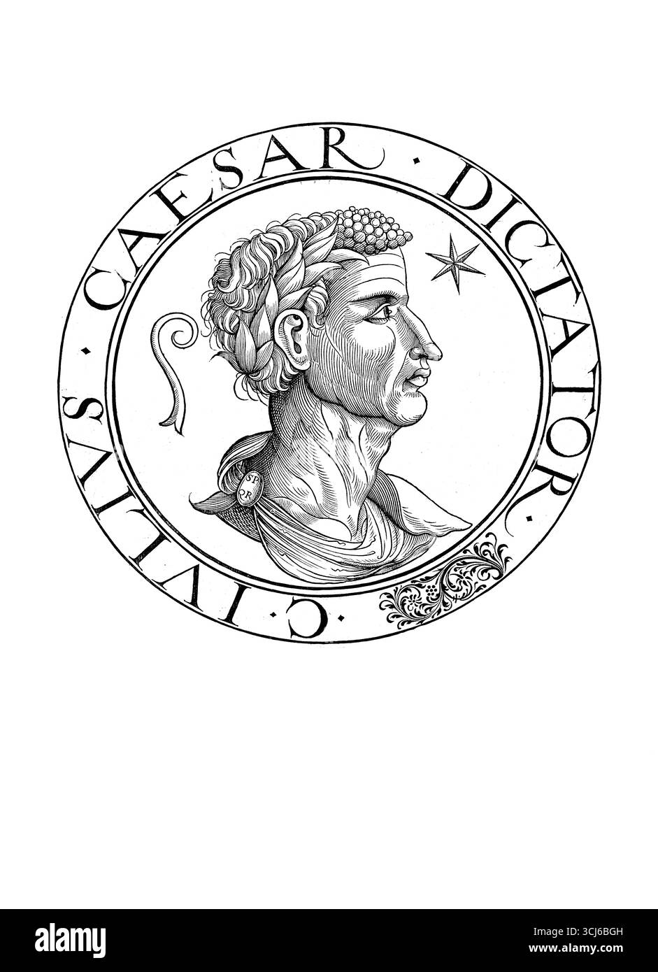 Gaius Iulius Cäsar, auch Gaius Julius Cäsar, (* 13. Juli 100 v. Chr. in Rom, gestorben am 15. März 44 v. Chr.) war ein römischer Staatsmann, General und Autor, der maßgeblich zum Ende der Römischen Republik und ihrer späteren Umwandlung in eine Monokratie beitrug, das Fürstentum, Reich, authentische, digital restaurierte Reproduktion eines Originals aus dem 19. Jahrhundert Stockfoto