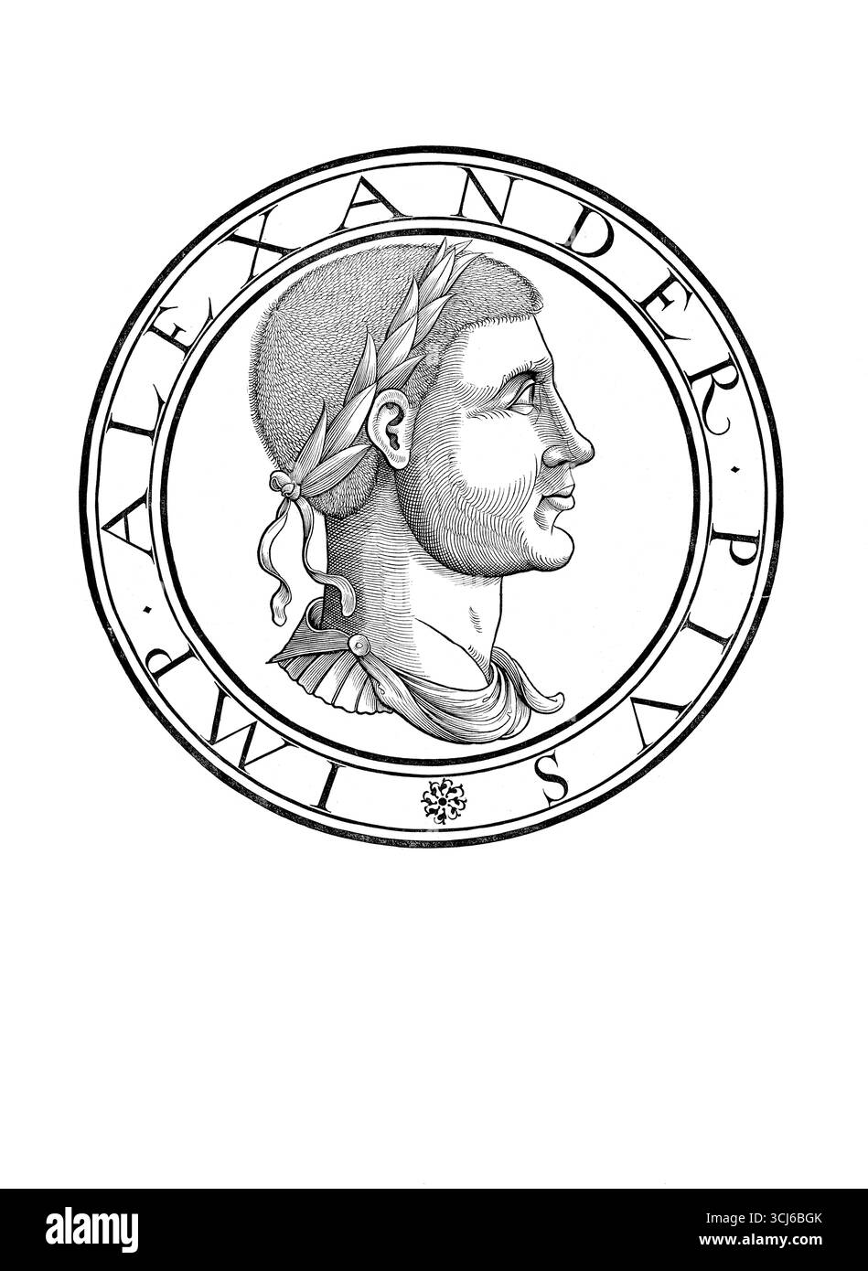 Severus Alexander (* 1. Oktober 208 in Arca Cäsarea, Arqa im heutigen Libanon, gestorben im März 235 bei Mogontiacum) war römischer Kaiser vom 13. März 222 bis zu seinem Tod. Sein ursprünglicher Name war Bassianus Alexianus. Ab Juni 221 nannte er sich Marcus Aurelius Alexander; als Kaiser trug er den Namen Marcus Aurellius Severus Alexander. Authentische, digital restaurierte Reproduktion eines Originals aus dem 19. Jahrhundert. Datum nicht angegeben.“ Stockfoto