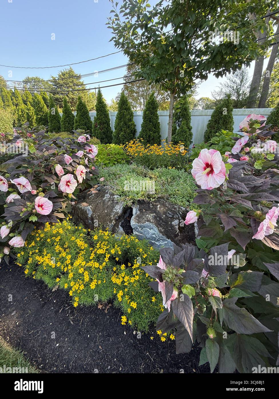 Wunderschöner Garten im Landhausstil. Üppiger, farbenfroher Staudengarten. Niedrigere Blüten im Frühling, Sommer und Herbst. Landschaftsgestaltung und Abstände. Stockfoto