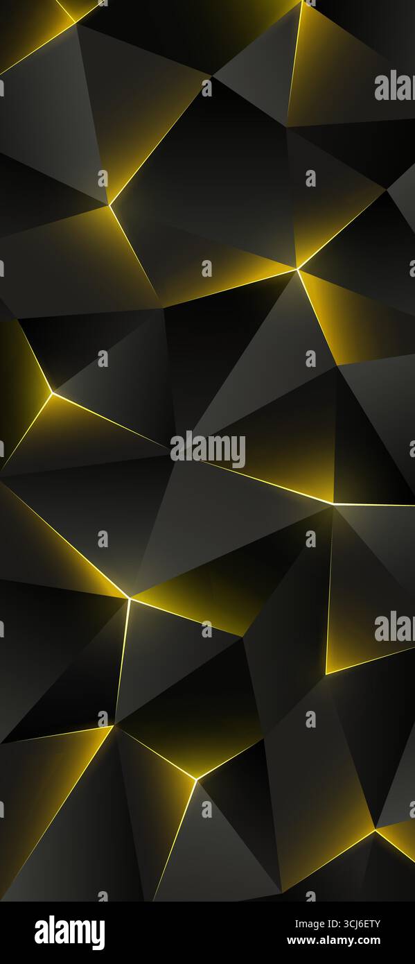 Dunkles Smartphone-Hintergrundbild mit niedrigem Poly. Abstrakter geometrischer Hintergrund, Dreiecke. Leuchtende Linien, Dreieck. Grauer goldgelber Hintergrund. Polygonales Design Stock Vektor