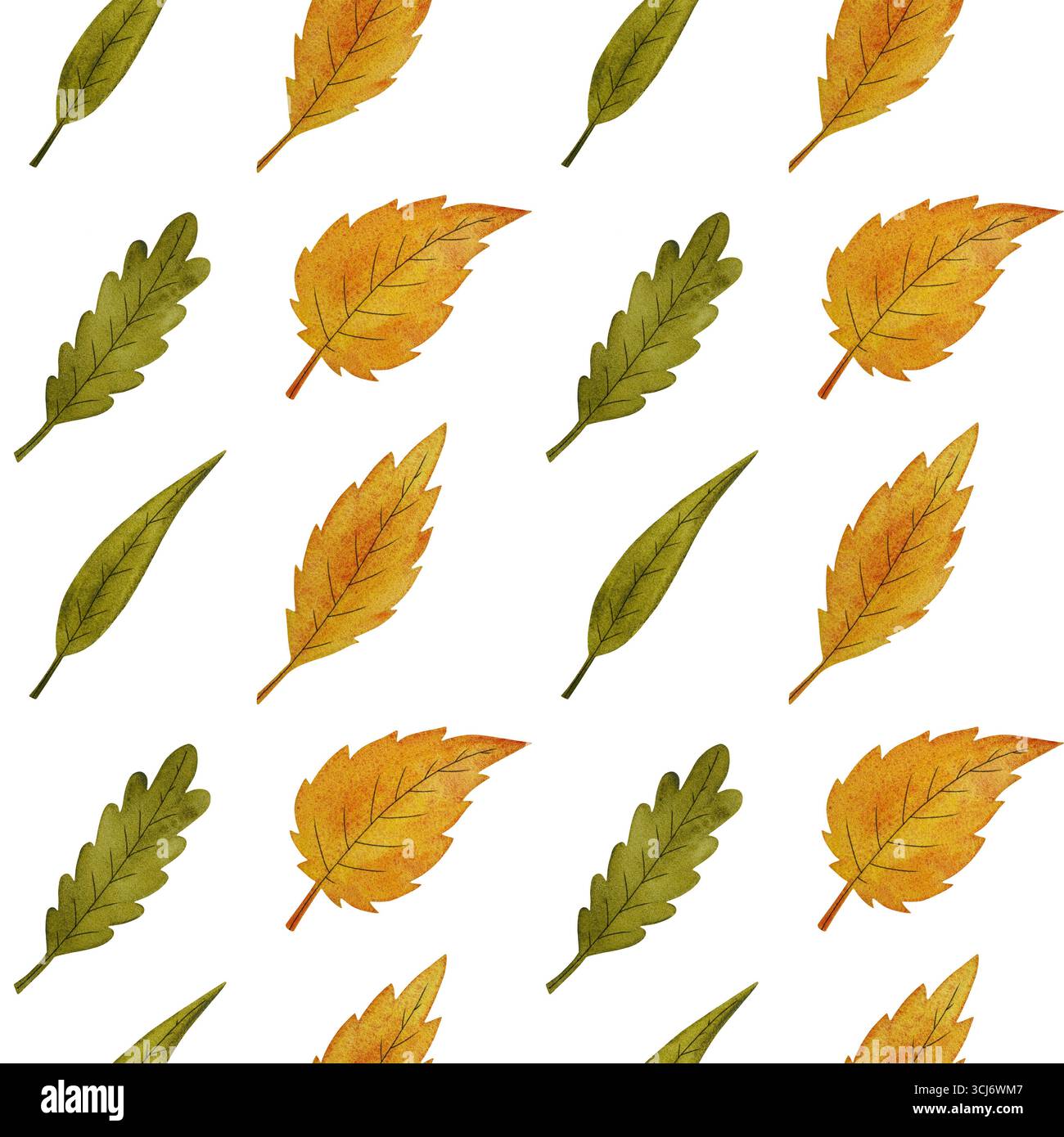 Aquarellgelb und grün Blätter nahtloses Muster. Verschiedene stilisierte Blätter auf weißem Hintergrund. Perfekt für Herbstmotive, Naturillustrationen oder Stockfoto