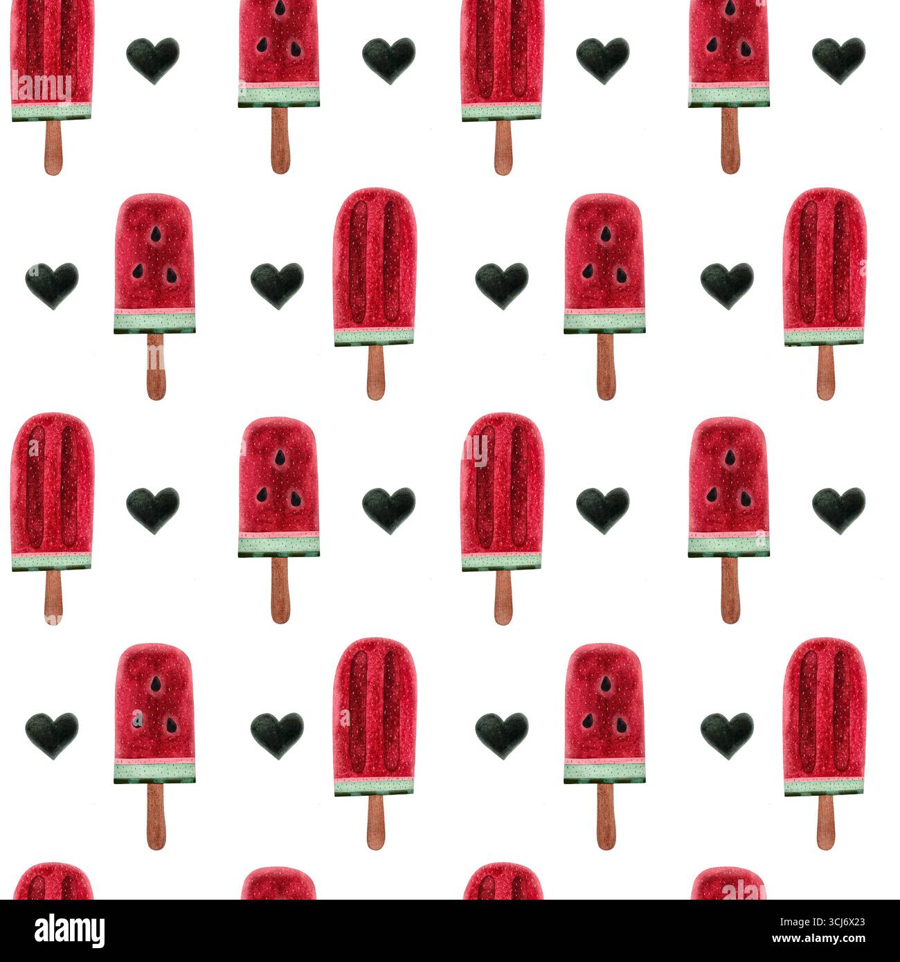 Nahtloses Muster mit Wassermelone am Eis. Eis und grüne Herzen auf weißem Hintergrund. Perfekt für Sommermotive, süße Illustrationen oder p Stockfoto