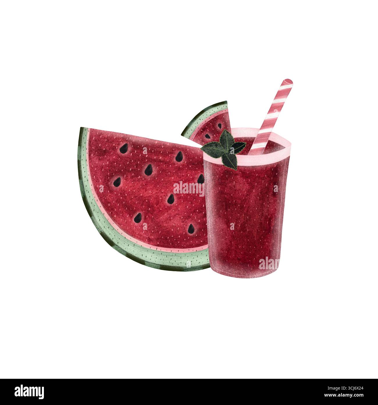 Wassermelonencocktail und Scheibe. Glas mit Getränk und Scheibe auf weißem Hintergrund. Perfekt für Sommermotive, kulinarische Illustrationen oder Refreshin Stockfoto