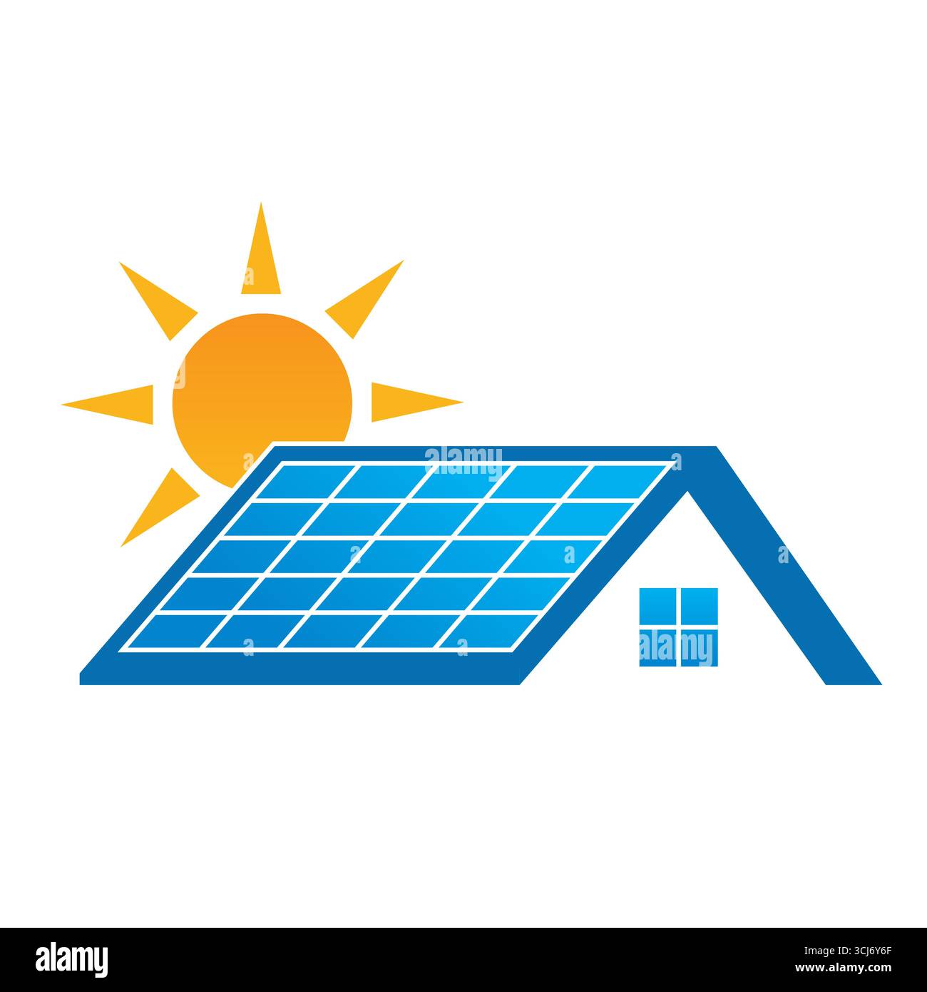 Solarmodul auf Dachlogo. Solar Energy Logo. Sonnenkollektor auf dem Dach zu Hause. Vektorillustration isoliert auf weißem Hintergrund. Stock Vektor