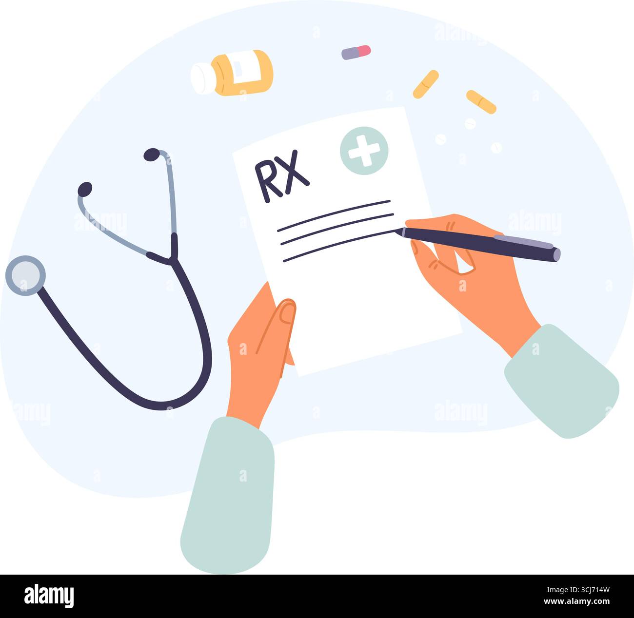 Ärzte schreiben eine Verordnung für Medikamente zur Bestrahlung des Patienten von oben. RX-Dokument signieren. Pharmazeutisches Rezept für Behandlungsmittel. Beauftragte Stock Vektor