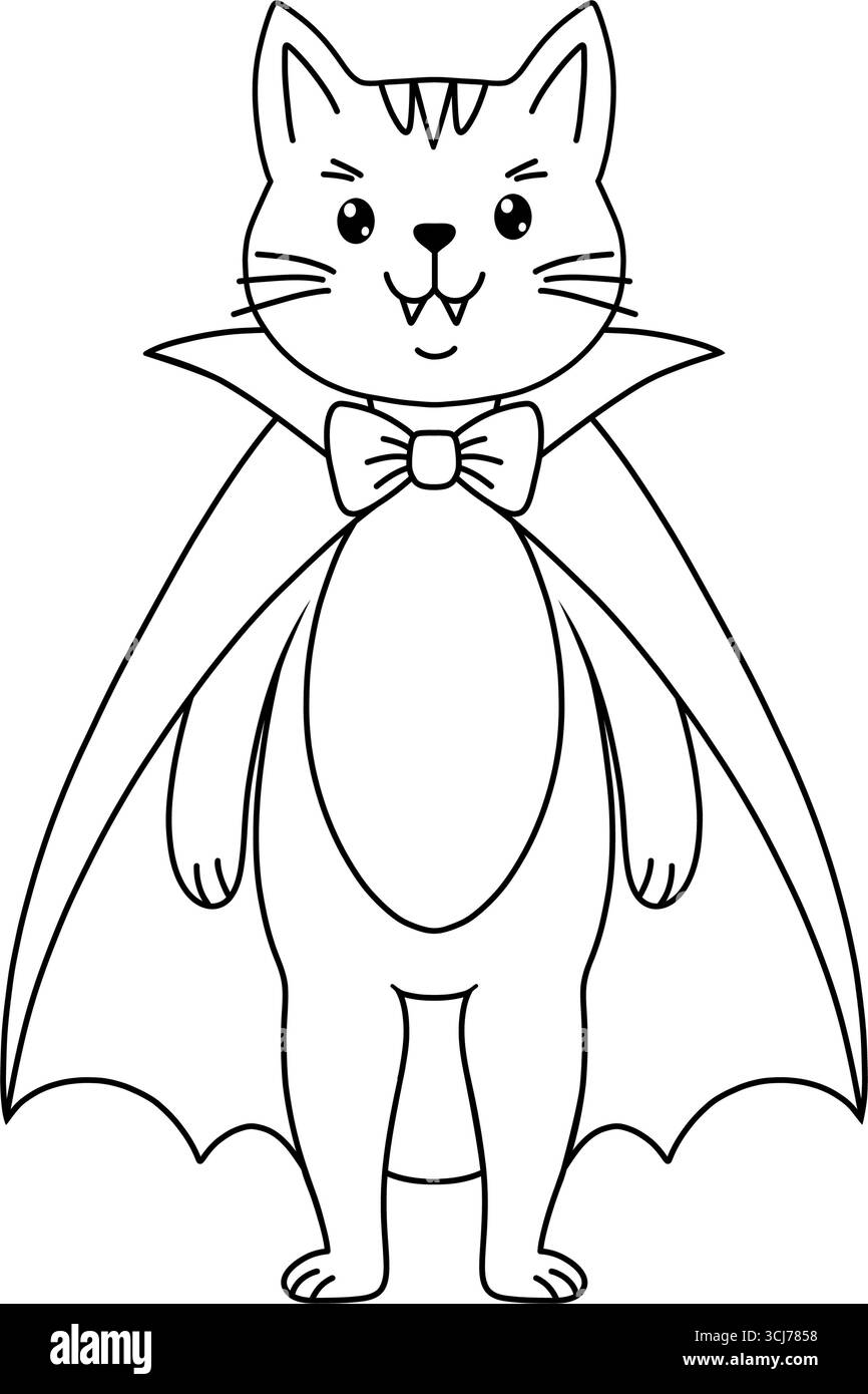 Katze verkleidet als Vampir, schwarz-weiße Kritzelillustration. Stock Vektor
