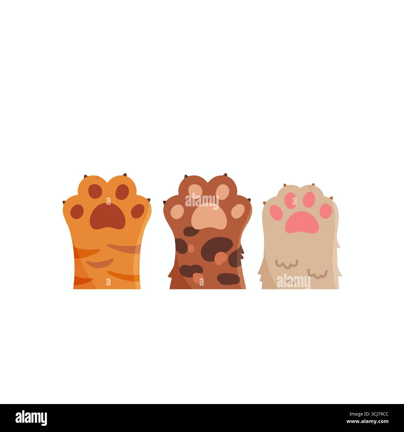 Niedliche Zeichentrickfigur mit isolierten Katzenpfoten und Fußabdrücken, ideal für Banner, Poster und Tapeten zum Internationalen Katzentag Stockfoto