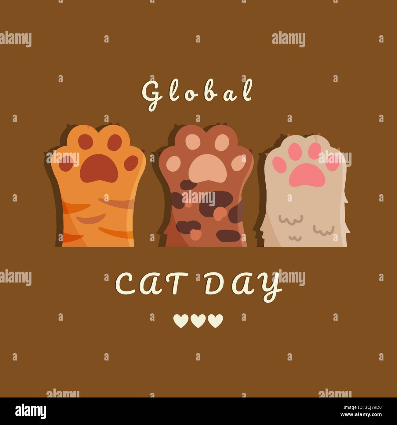 Niedliche Zeichentrickillustration mit isolierten Katzenpfoten und Fußabdrücken, ideal für Banner und Poster. Hintergrundbilder zum Internationalen Katzentag Stockfoto