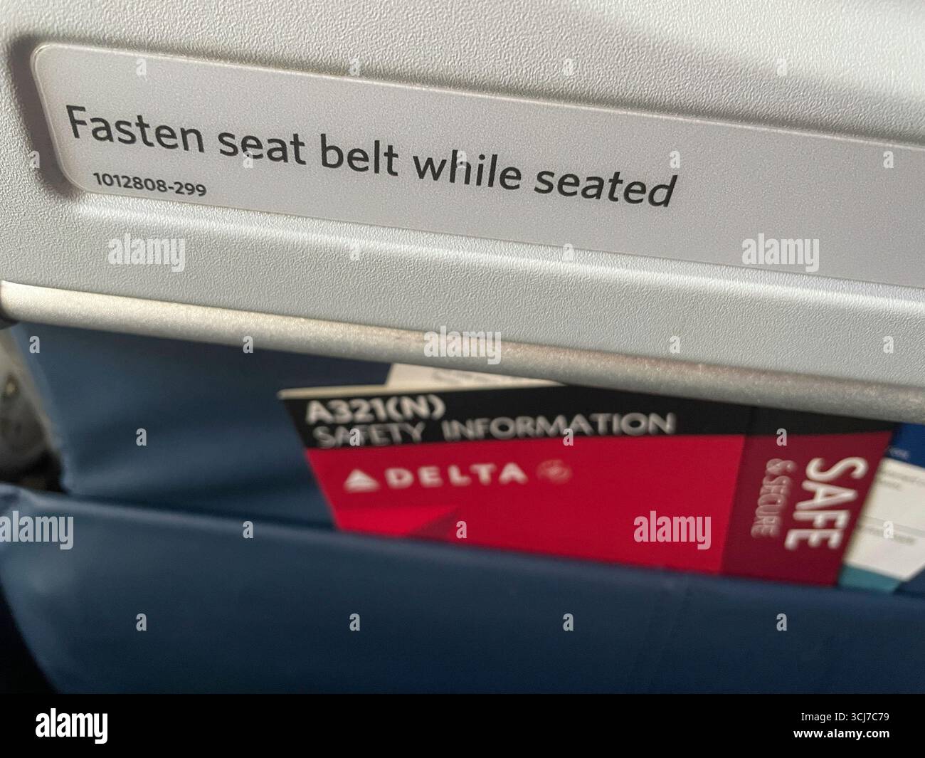 Noch am Leben von während des Fluges und Sicherheitsinformationen in der Rückentasche eines Delta Air Lines Flugzeugs, 2025, USA - Smartphone-aufgenommenes Stockfoto
