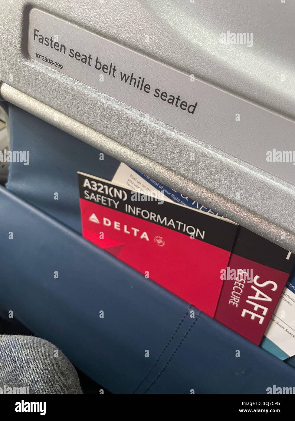 Noch am Leben von während des Fluges und Sicherheitsinformationen in der Rückentasche eines Delta Air Lines Flugzeugs, 2025, USA - Smartphone-aufgenommenes Stockfoto