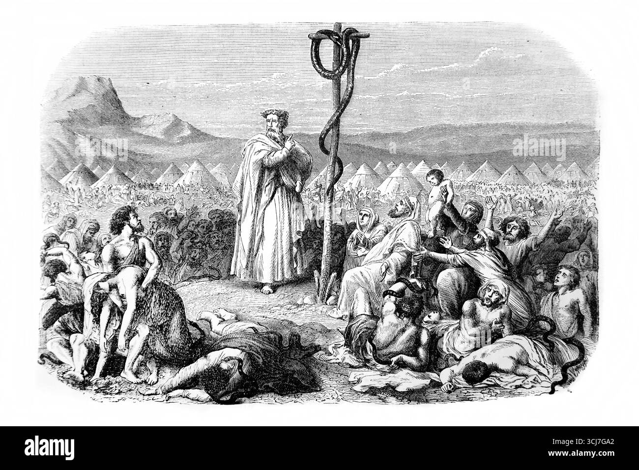 Illustration von Moses, der die Brazner Schlange hochhält, damit die Israeliten, die von den feurigen Schlangen gebissen worden waren, sie sehen und geheilt werden konnten Stockfoto