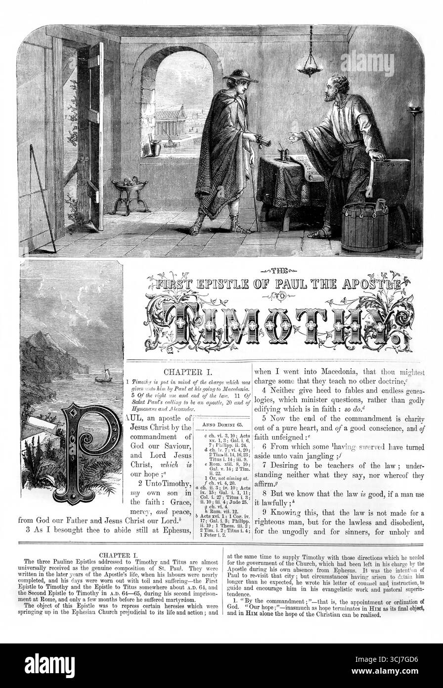 Titelseite des Briefes des Apostels Paulus an Timotheus aus dem antiken 19. Jahrhundert die Bibel enthält das Alte und das neue Testament mit Explanato Stockfoto