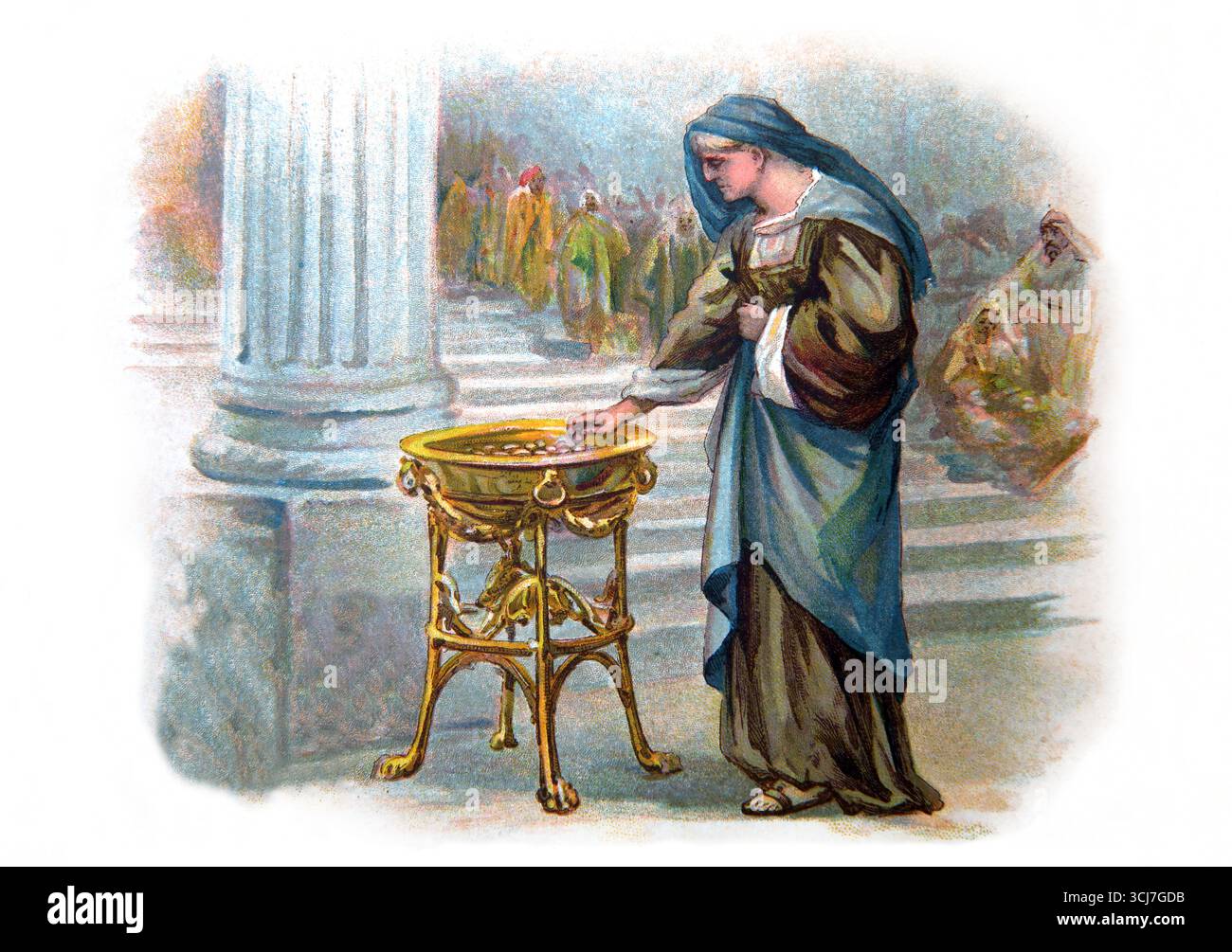 Illustration der Witwenmilbe - die Witwe bietet zwei Münzen im Tempel aus dem Kinderbuch des 20. Jahrhunderts an. Das ABC der Bibelbilder Stockfoto