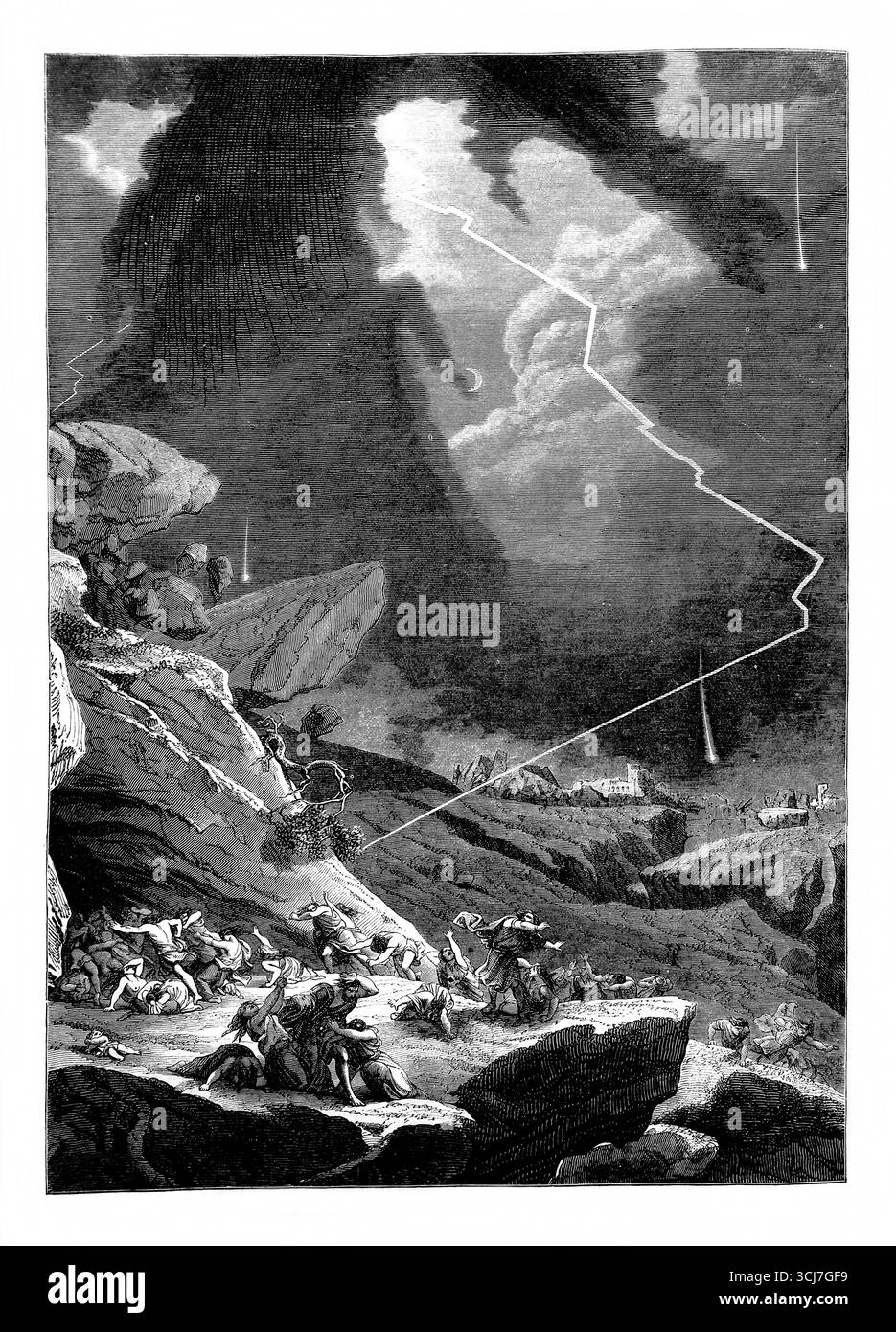 Illustration der Öffnung des Sechsten Siegels mit der Verdunkelung der Sonne, Erdbeben, Sterne, die vom Himmel fallen und die Menschen, die sich in Höhlen verstecken Stockfoto