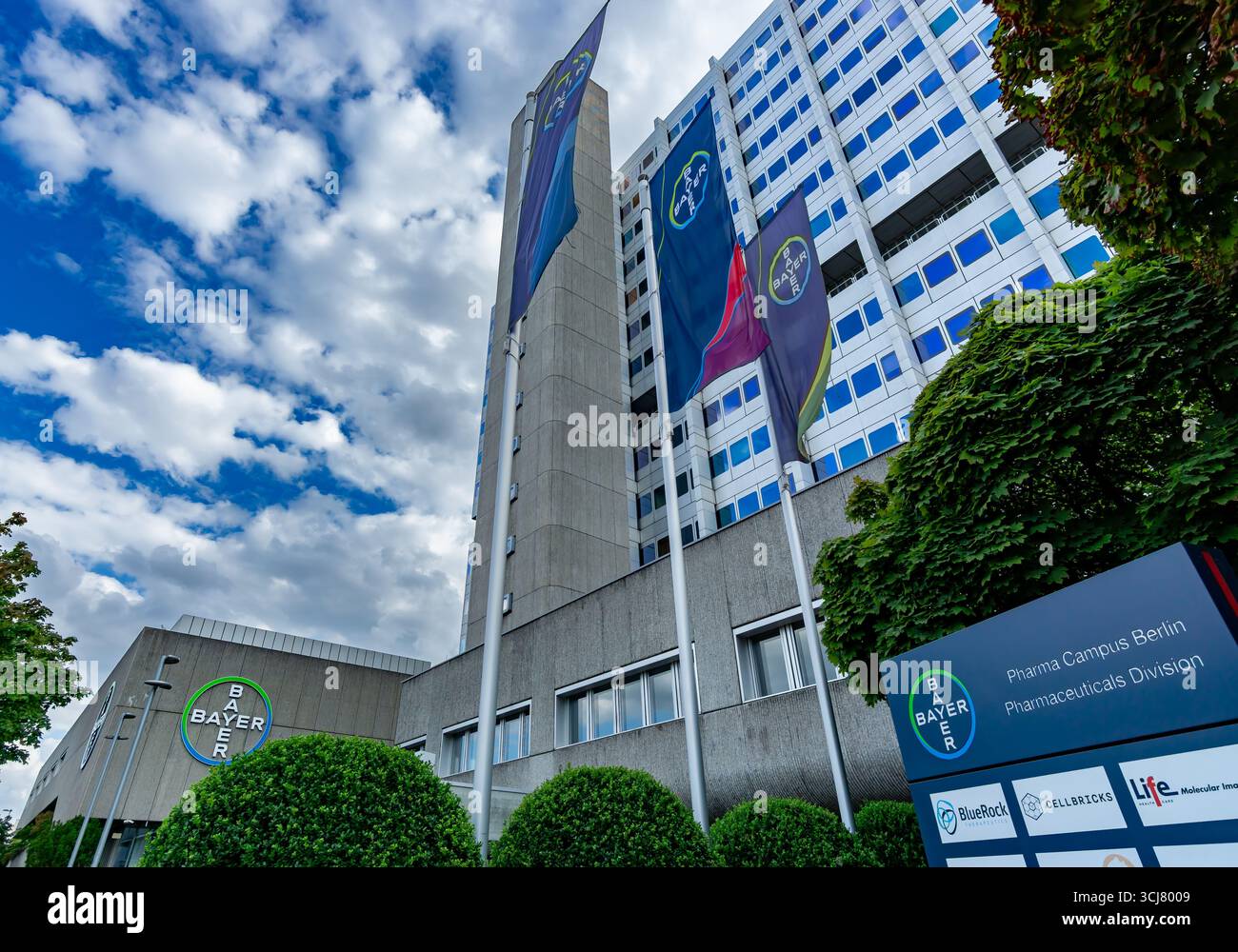 Weitsicht auf den Bayer AG Pharma Campus in Berlin Wedding mit Firmenlogo, Flaggen, Hauptsitz-Turm und Eingangsbeschilderung. Stockfoto