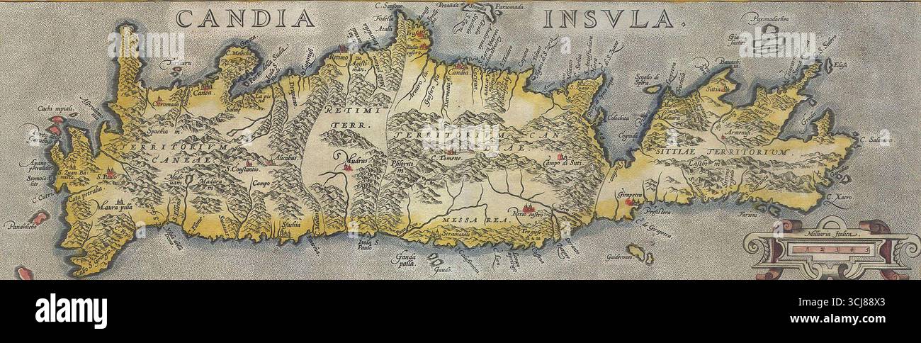 Historische Karte von Kreta mit dem Titel Candia Insula mit umliegenden griechischen Inseln von Abraham Ortelius. 1584. Stockfoto Historische Karte von Kreta mit dem Titel Candia Insula mit umliegenden griechischen Inseln von Abraham Ortelius. 1584. Stockfoto
