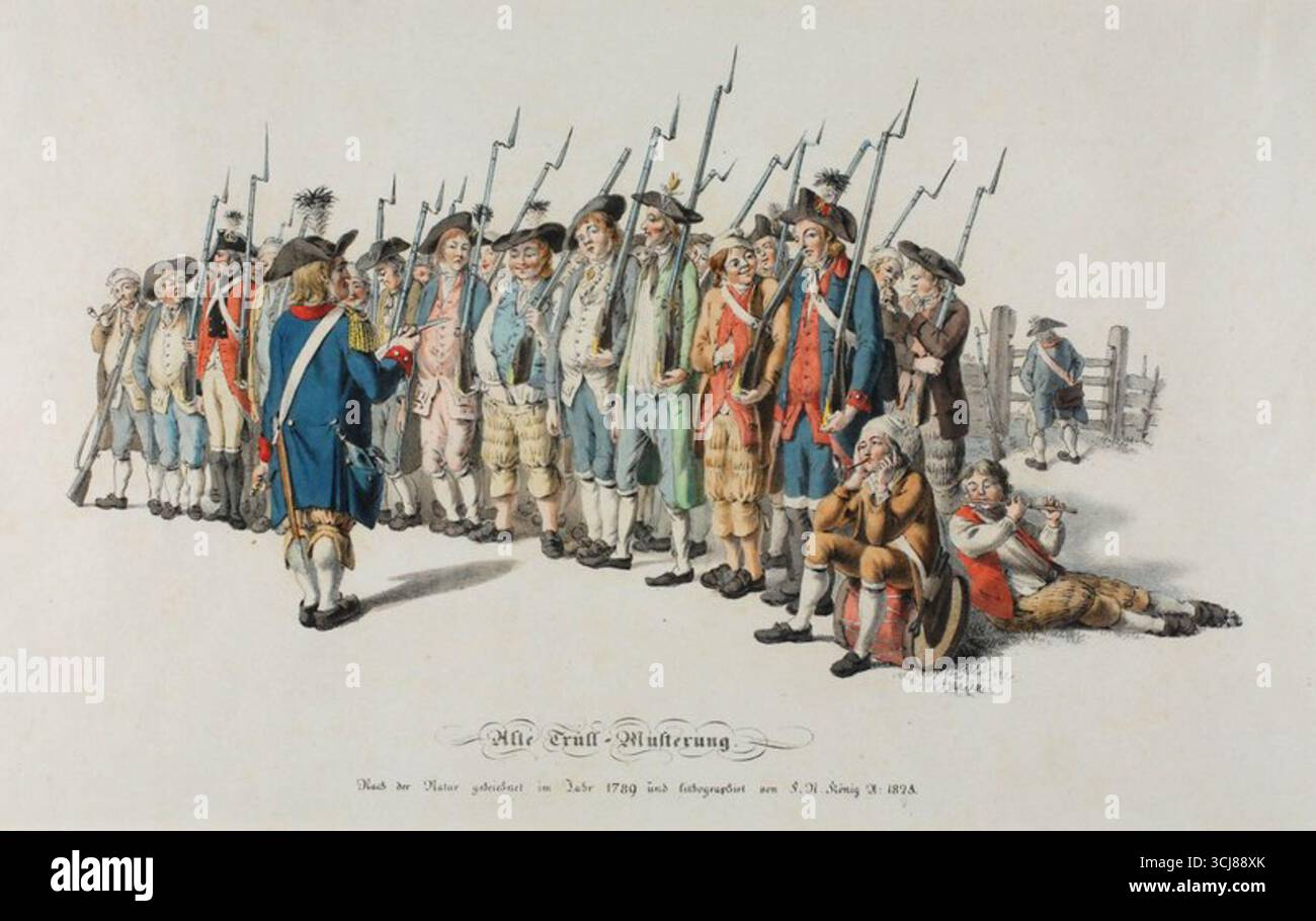 Historische Illustration mit dem Titel Alte Trüll-Musterung, die einen Kapitän zeigt, der unregelmäßig gekleidete Soldaten mit Bajonetten inspiziert. F. N. König. 1825. Stockfoto