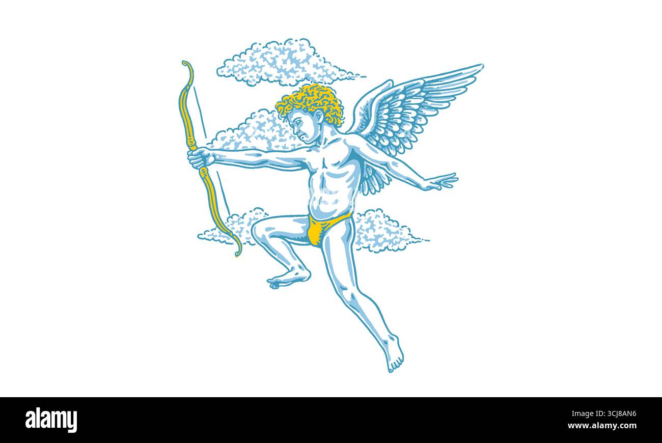 Retro-Stil Cupid Charakter mit Bogen und Pfeil fliegen in Wolken, Vintage Hand gezeichnete Vektor-Illustration Stock Vektor