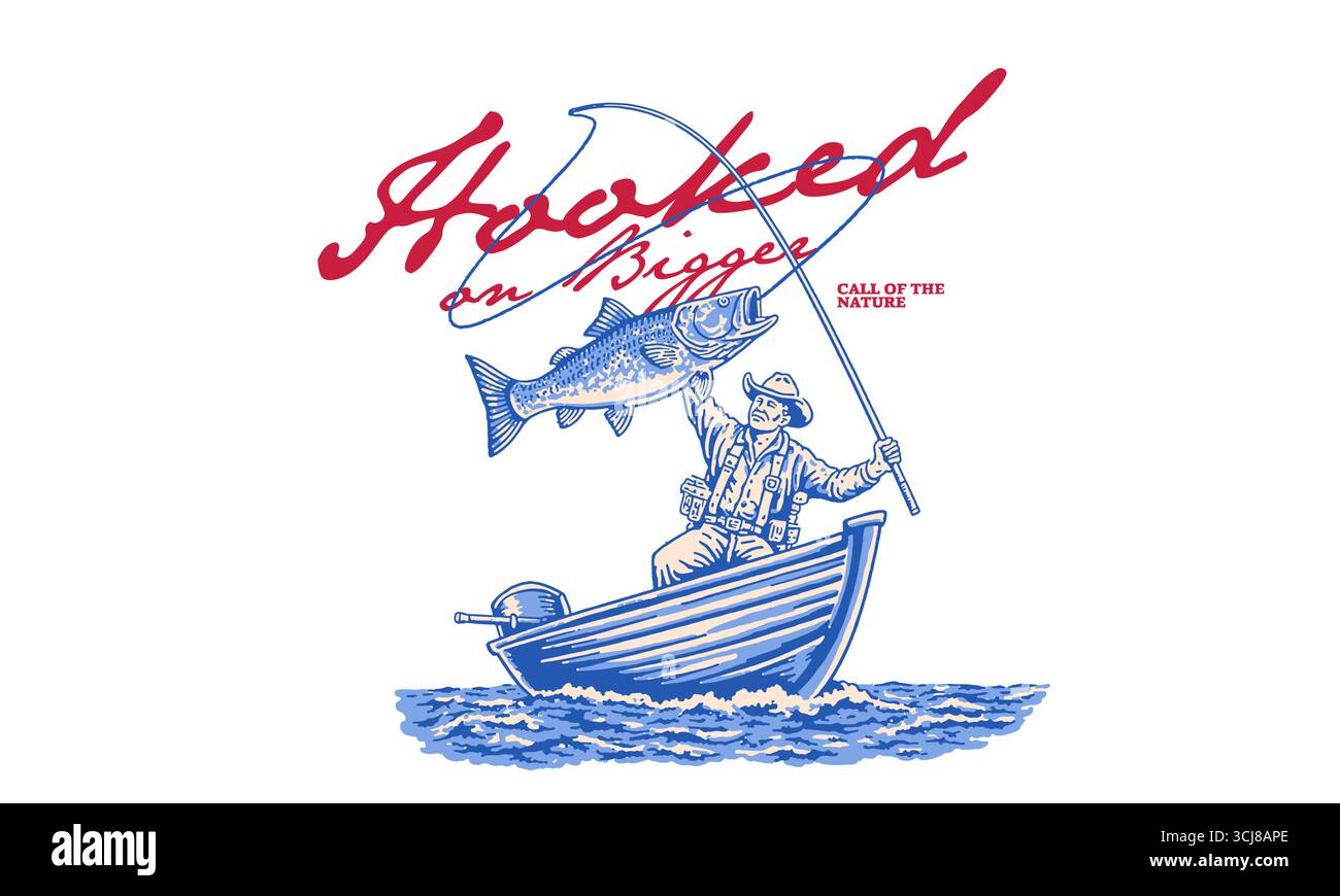 Der Slogan „größerer Fisch“. Vintage-Kunstwerk eines Fischers mit großem Fischfang für T-Shirt-Druck, Poster, Aufkleber. Retro Outdoor Abenteuer Vektor g Stock Vektor