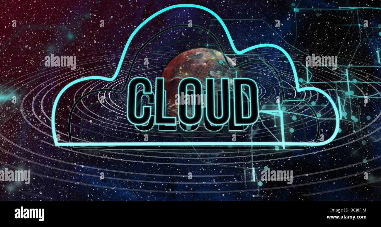 Leuchtende Neonwolke, die 3D-WOLKENTEXT in digitaler Schnittstelle umschließt, mit Ringplaneten und Netzwerkknoten Stockfoto