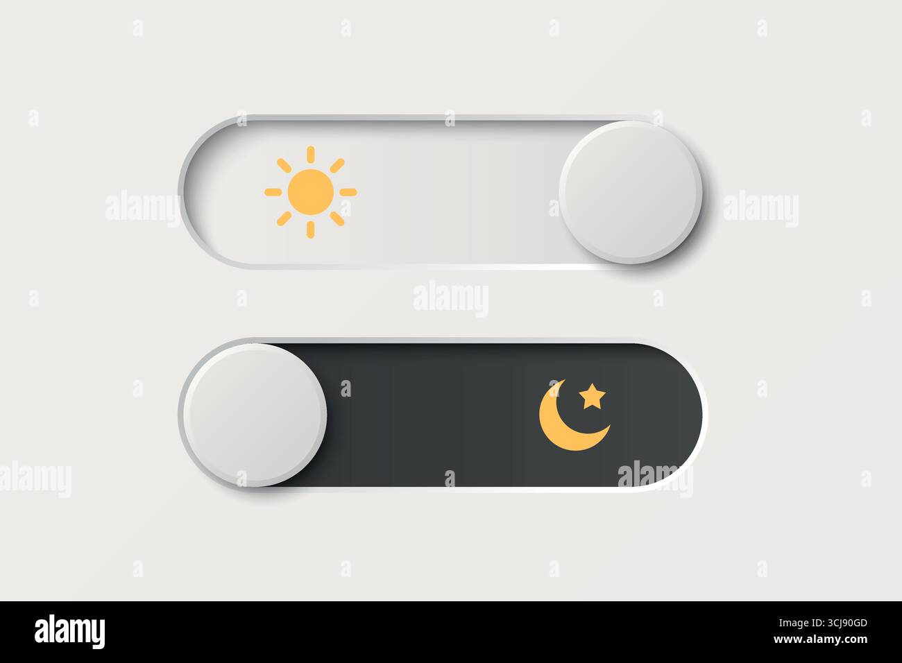 Vektor-Symbol für den Tag- und Nachtmodus im 3D-Vektor. Schalter für Hell- und Dunkelmodus. Moderner Kippschalter für Tag- und Nachtthemen in der mobilen App Stock Vektor