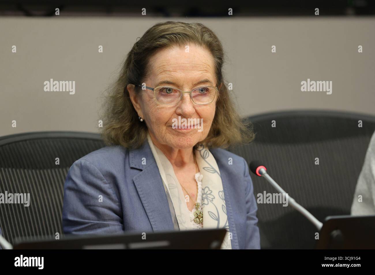 New York, USA. September 2025. Vereinte Nationen, New York, 5. September 2025 - Pressemitteilung über die erste Sitzung der mit Resolution 79/238, eingesetzten Unabhängigen Wissenschaftlichen Gruppe über die Auswirkungen des Nuklearkriegs. Von links nach rechts: Dr. Sebastien Philippe, Dr. Ana Maria Cetto und Dr. Ausrele Kesminiene. Auf dem Bildschirm sind Professor Andrew Haines, Dr. Peter Klimek und Dr. Togzhan Kassenova zu sehen. (Foto: Giada Papini Rampelotto/EuropaNewswire/SIPA USA) Credit: SIPA USA/Alamy Live News Stockfoto