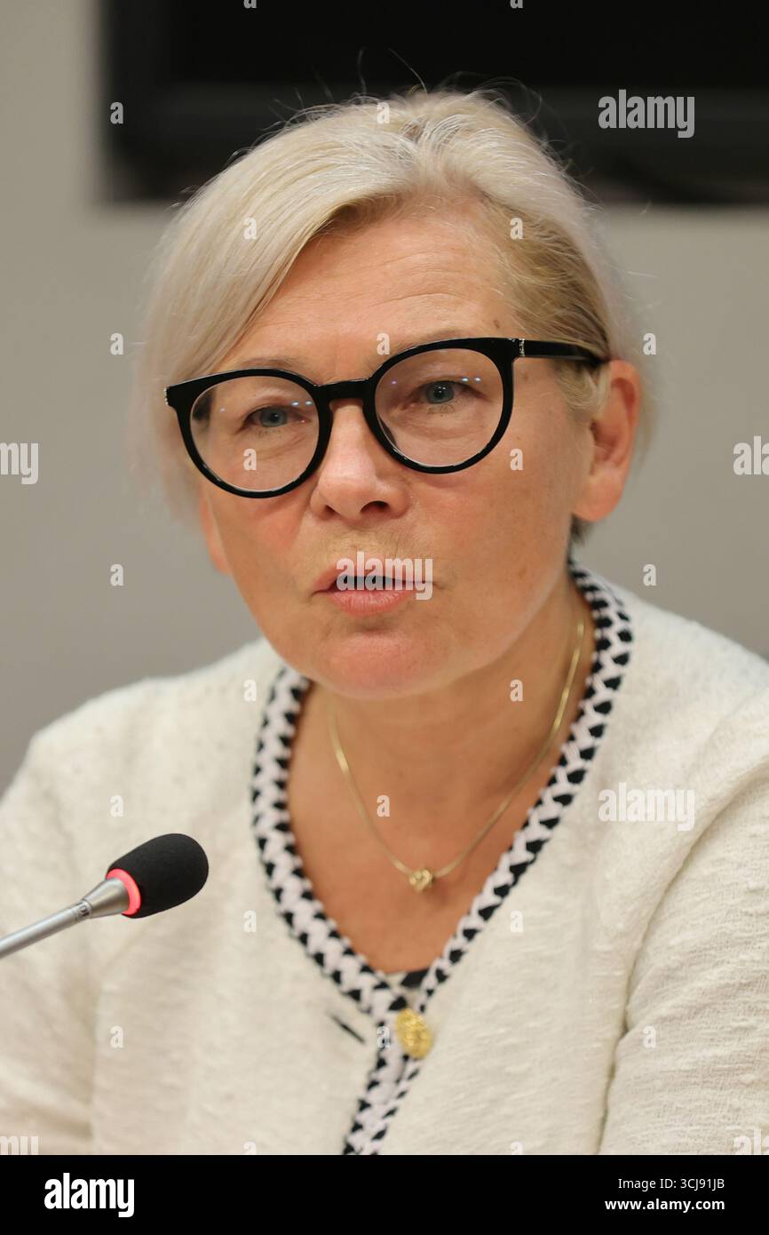 New York, USA. September 2025. Vereinte Nationen, New York, 5. September 2025 - Pressemitteilung über die erste Sitzung der mit Resolution 79/238, eingesetzten Unabhängigen Wissenschaftlichen Gruppe über die Auswirkungen des Nuklearkriegs. Von links nach rechts: Dr. Sebastien Philippe, Dr. Ana Maria Cetto und Dr. Ausrele Kesminiene. Auf dem Bildschirm sind Professor Andrew Haines, Dr. Peter Klimek und Dr. Togzhan Kassenova zu sehen. (Foto: Giada Papini Rampelotto/EuropaNewswire/SIPA USA) Credit: SIPA USA/Alamy Live News Stockfoto