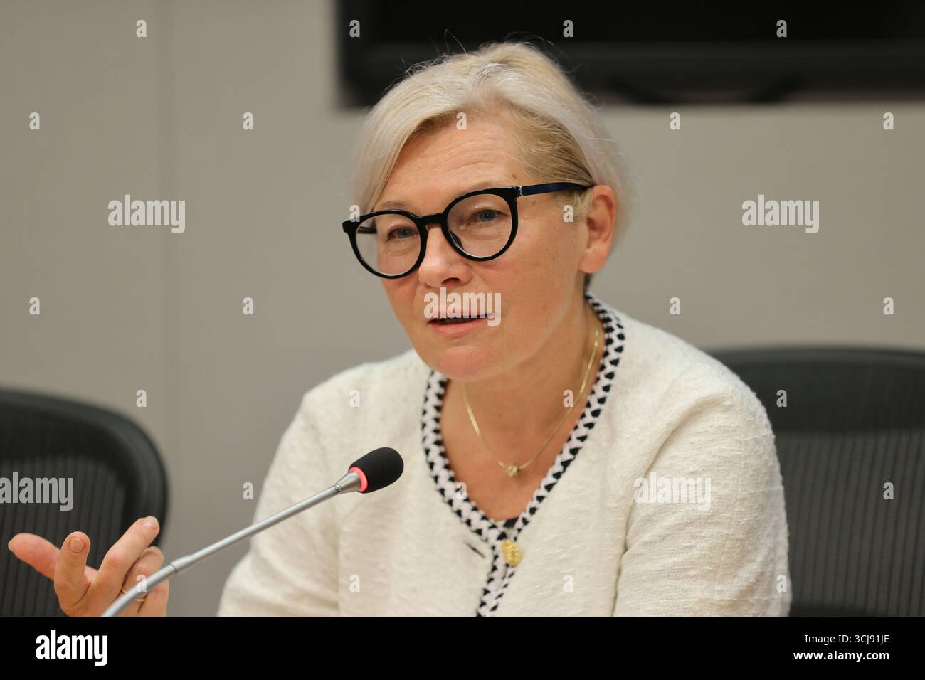 New York, USA. September 2025. Vereinte Nationen, New York, 5. September 2025 - Pressemitteilung über die erste Sitzung der mit Resolution 79/238, eingesetzten Unabhängigen Wissenschaftlichen Gruppe über die Auswirkungen des Nuklearkriegs. Von links nach rechts: Dr. Sebastien Philippe, Dr. Ana Maria Cetto und Dr. Ausrele Kesminiene. Auf dem Bildschirm sind Professor Andrew Haines, Dr. Peter Klimek und Dr. Togzhan Kassenova zu sehen. (Foto: Giada Papini Rampelotto/EuropaNewswire/SIPA USA) Credit: SIPA USA/Alamy Live News Stockfoto