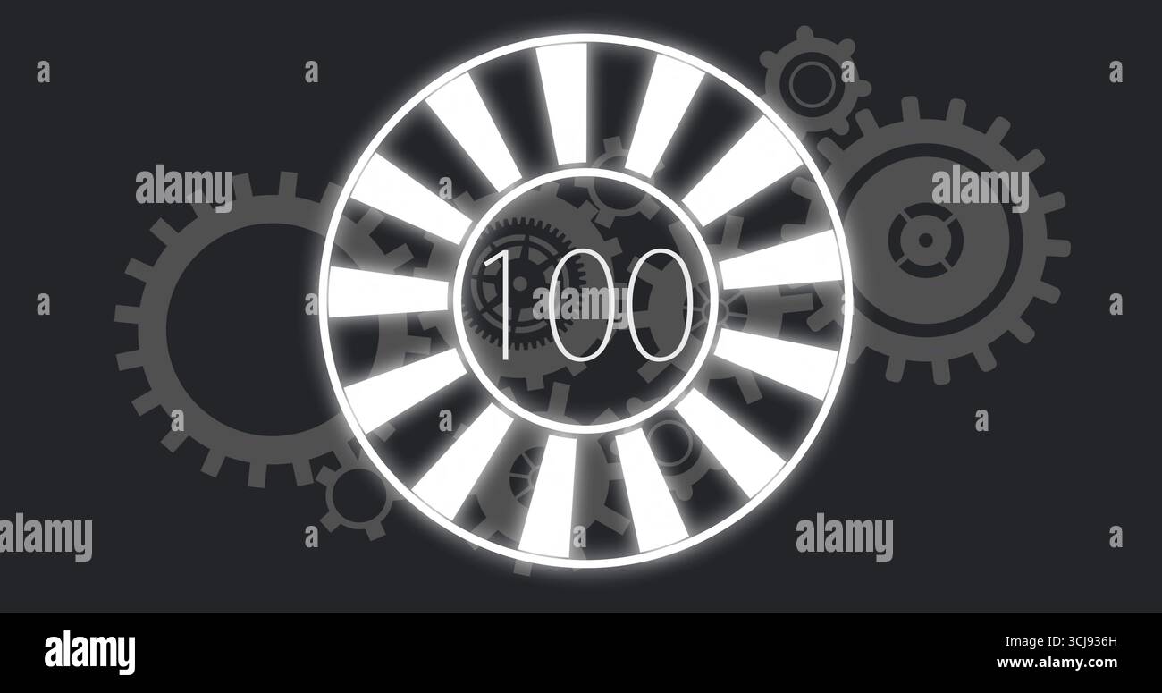 Anzeige des kreisförmigen Fortschrittsmessers mit 100 auf digitaler Grafik mit Zahnrad- und Zahnradsilhouetten Stockfoto
