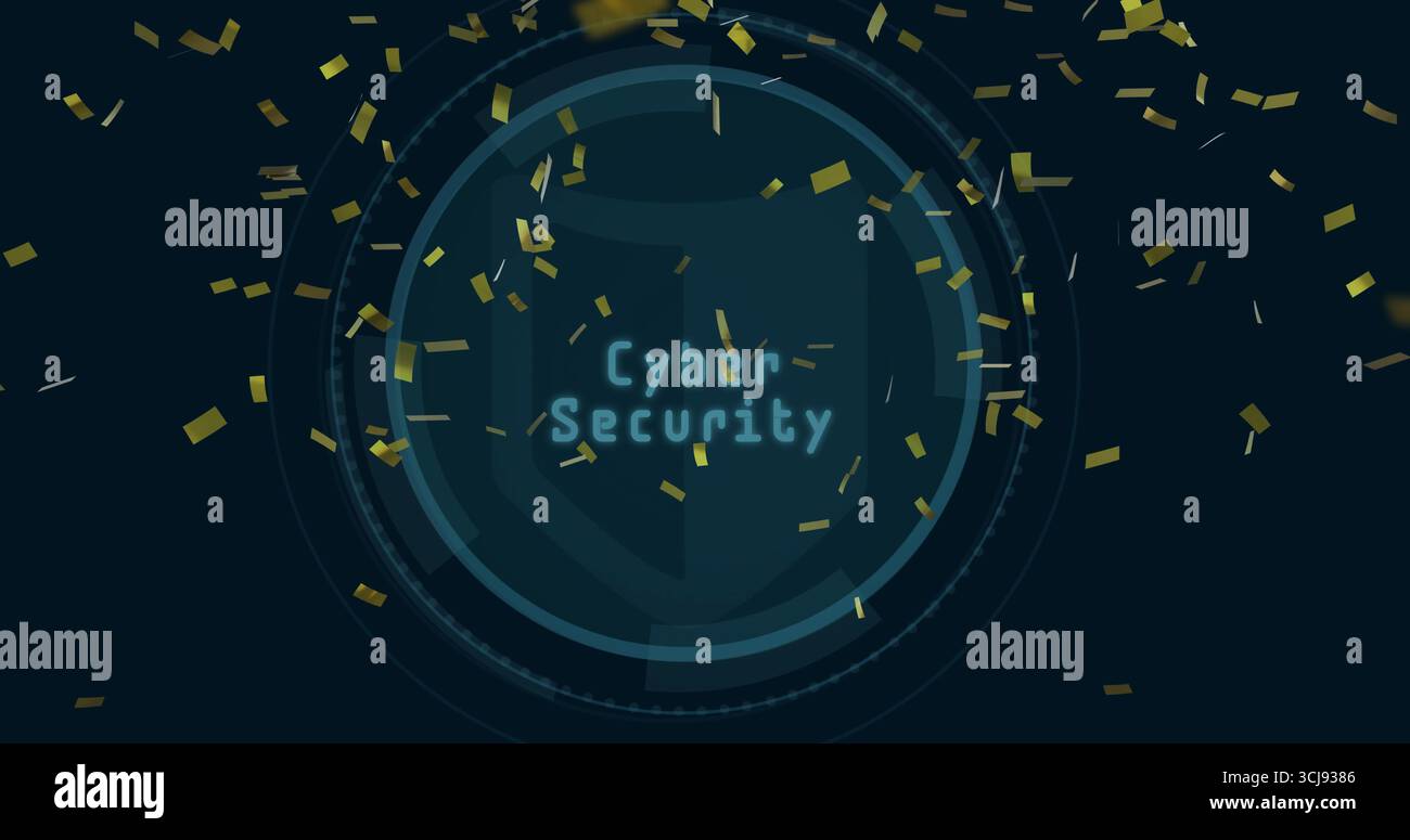 Zeigt Schnittstelle mit Schild, Ringe auf marineblauem Hintergrund, schwebendes Goldkonfetti und Cyber Security Stockfoto