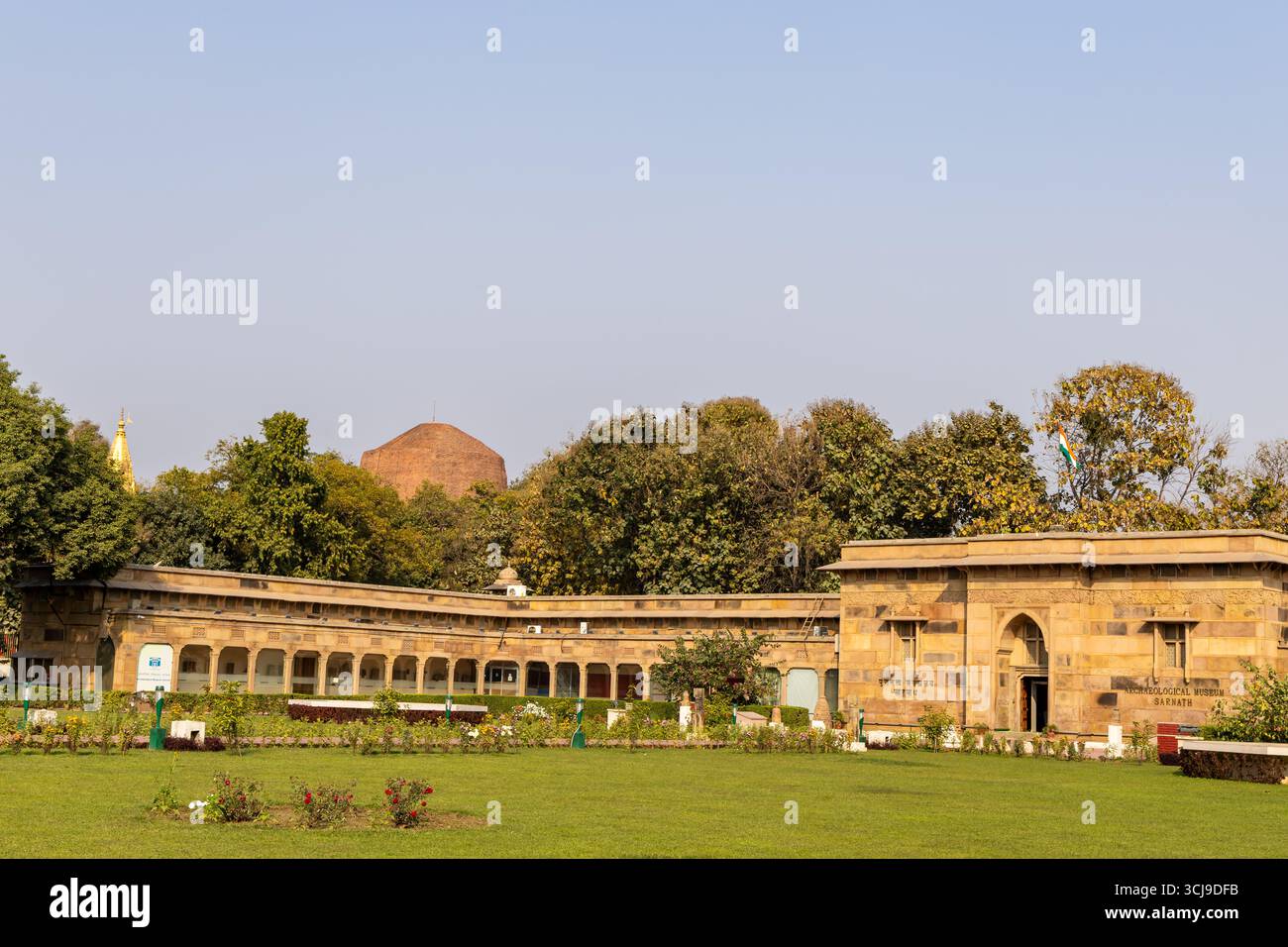 sarnath archäologisches Museum mit sarnath Stupa bei Tageslicht aus flacher Perspektive Aufnahme im Sarnath Museum, Sarnath uttar pradesh indien auf Fe Stockfoto