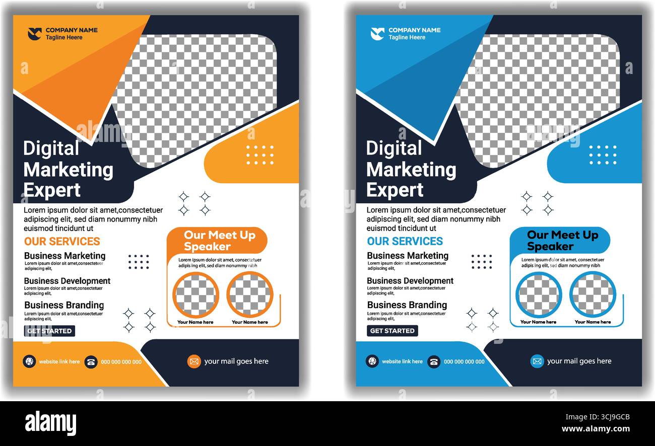 Modernes Digital Marketing Experte Flyer Design Vorlage Corporate Business Promotion Social Media Banner in Orange und Blau Farbschema Stock Vektor
