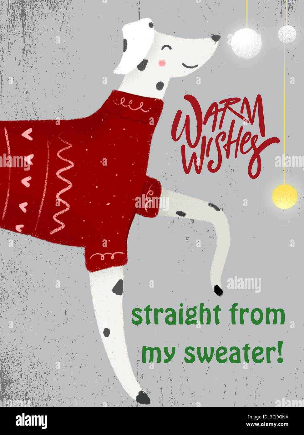 Weihnachtskarte Mit Warmen Wünschen Und Hund – Festliches Pullover-Design Stockfoto