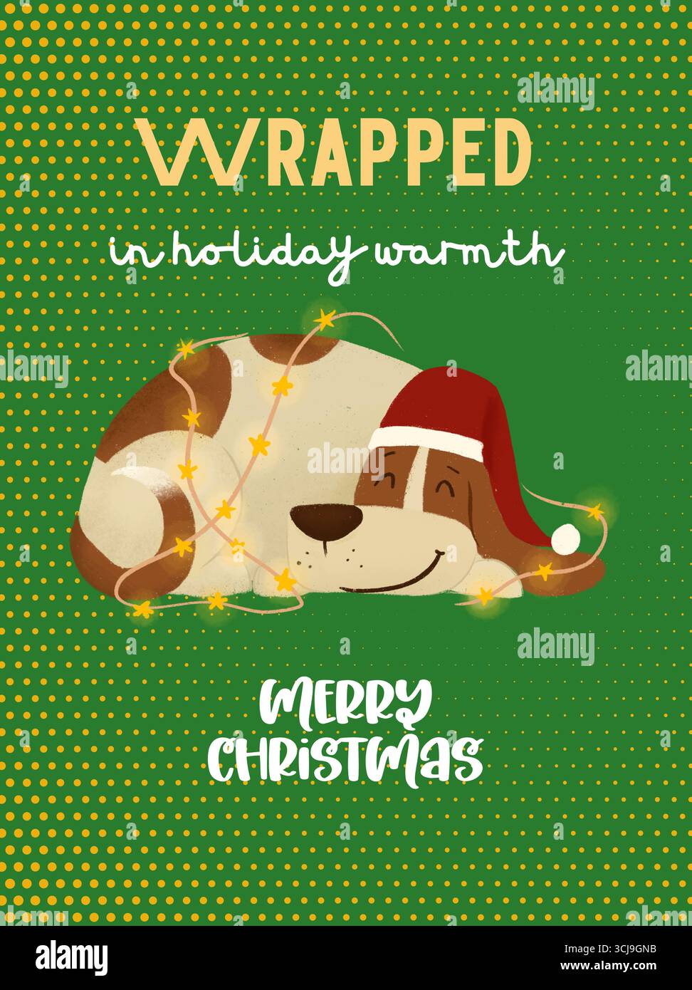 Weihnachtskarte mit weihnachtlichem Hund – gemütliches festliches Design Stockfoto