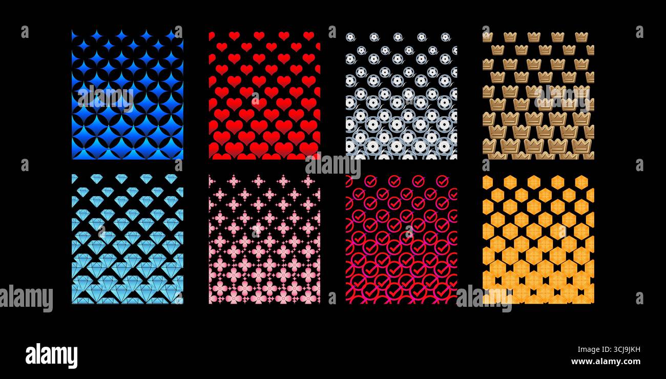 Kollektion nahtloser Muster mit Herzen, Kronen, Smileys, Edelsteinen und mehr, in hellen Farben, perfekt für Dekoration, Textilien Stock Vektor