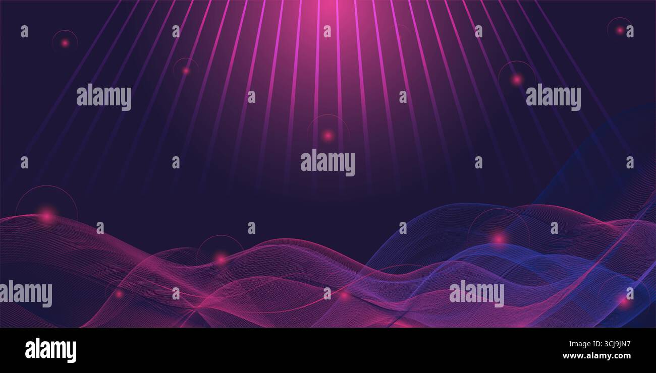 Abstrakte Vektorillustration glühender Gradientenwellen unter strahlenden Lichtstrahlen, die Bewegung, Tiefe und futuristische Energie evozieren Stock Vektor Abstrakte Vektorillustration glühender Gradientenwellen unter strahlenden Lichtstrahlen, die Bewegung, Tiefe und futuristische Energie evozieren Stock Vektor