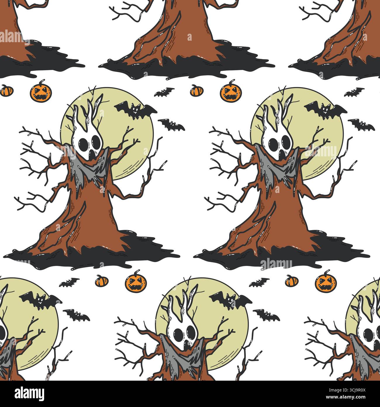 Halloween-Illustration mit einem Haunted Tree und gruseligen Elementen Stock Vektor