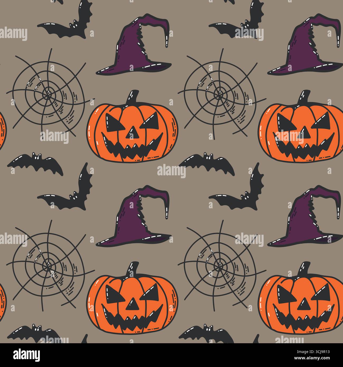 Nahtloses Halloween-Muster mit Kürbissen, Hexenhüten, Fledermäusen und Spinnennetzen Stock Vektor