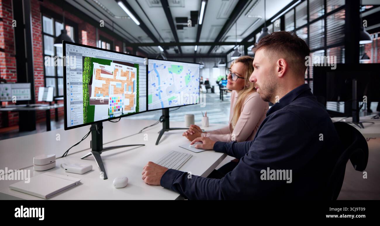 Virtual Real Estate Designer mit 3D-Computersoftware für die Umgestaltung Stockfoto