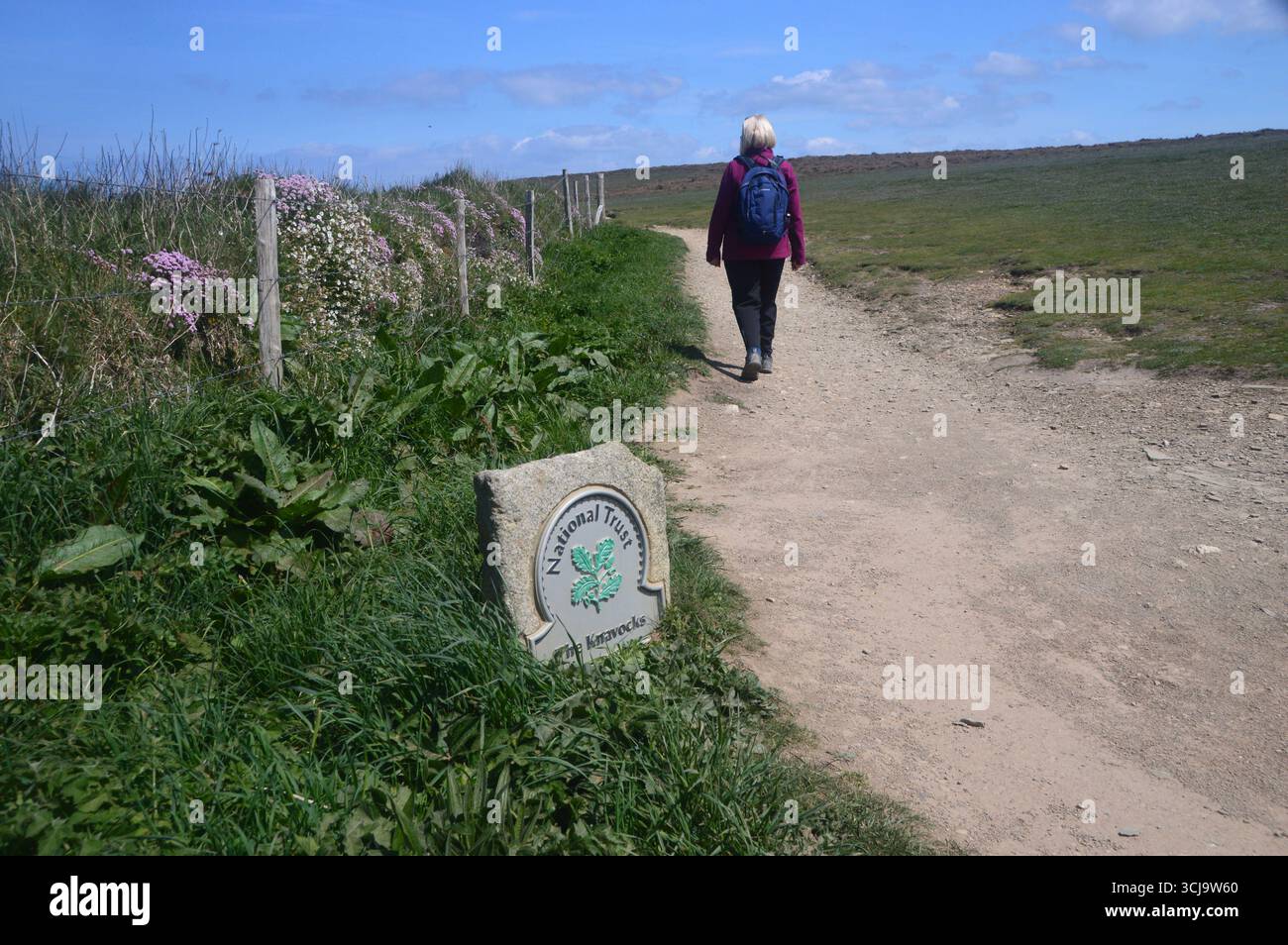 Woman Walking by Sign zum Knavocks Headland auf dem Cliff Path vom Godrevy Point in der Nähe von Hayle auf dem Southwest Costal Path, Cornwall, England, Großbritannien. Stockfoto