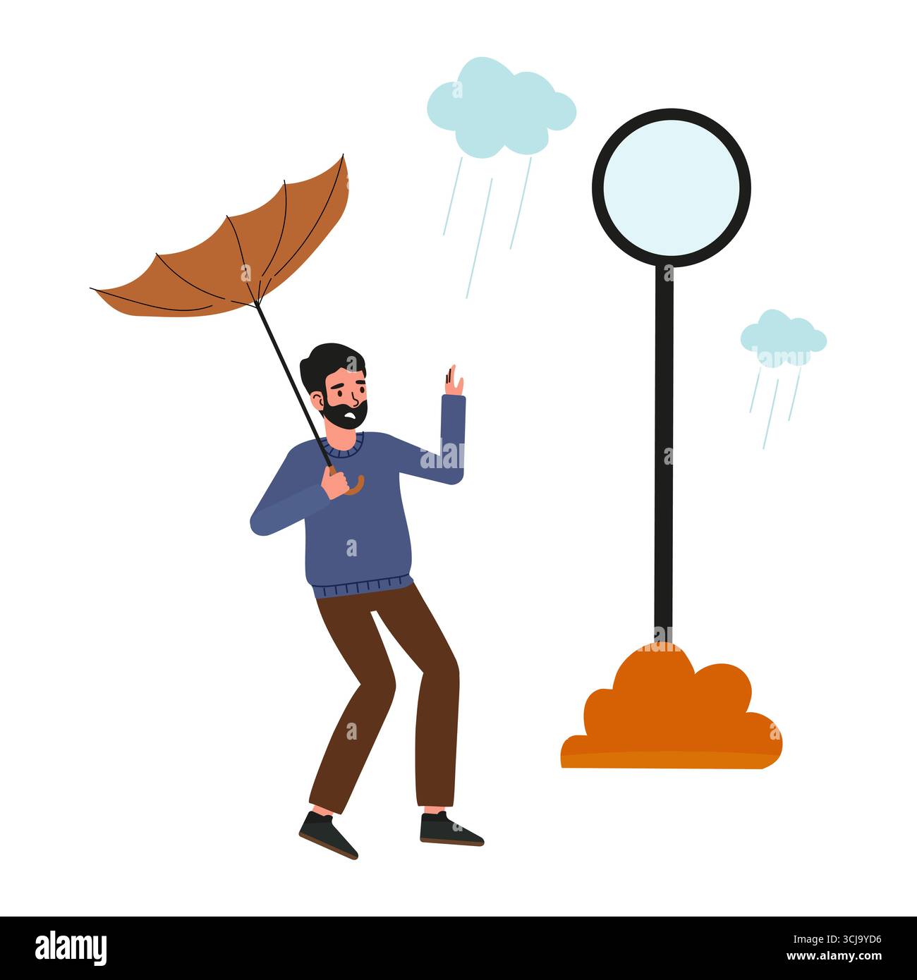 Sturm mit Mann Charakter Kampf mit Regenschirm in Hurricane Vector Illustration Stock Vektor